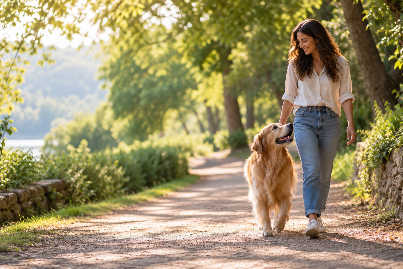 A person walking with a dog outdoors