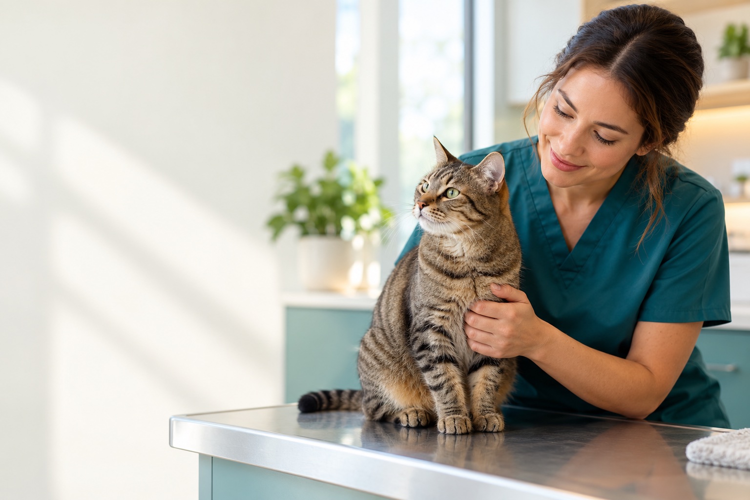 A cat being gently examined in a veterinary setting